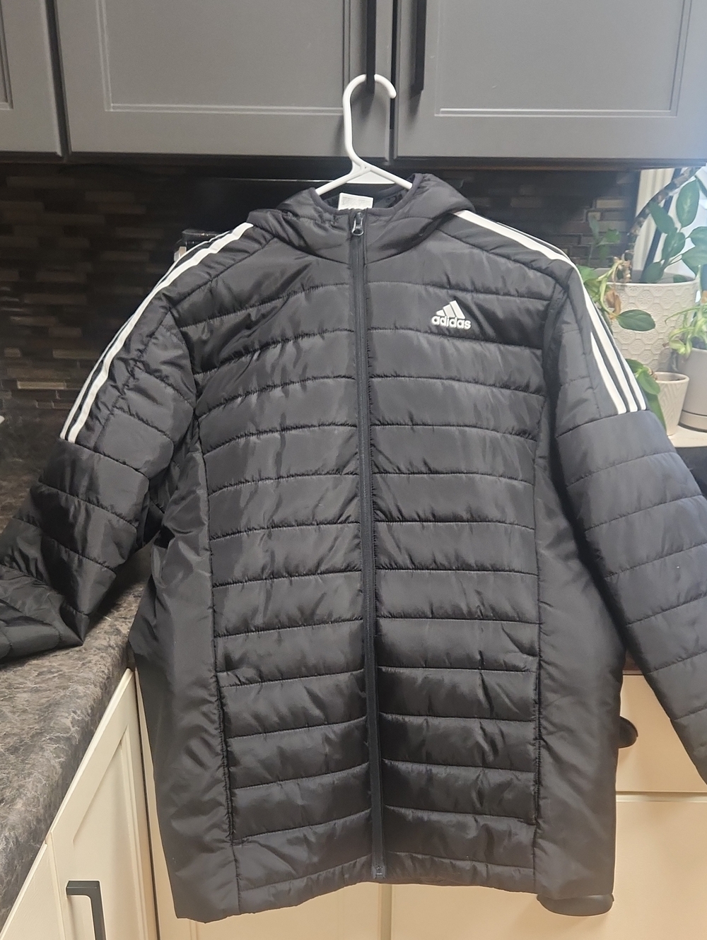 adidas Black Hooded Puffer Jacket with White Stripes